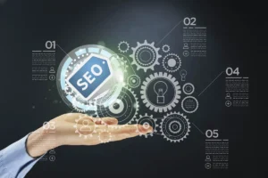 Ilustração de mão com engrenagens representando SEO técnico